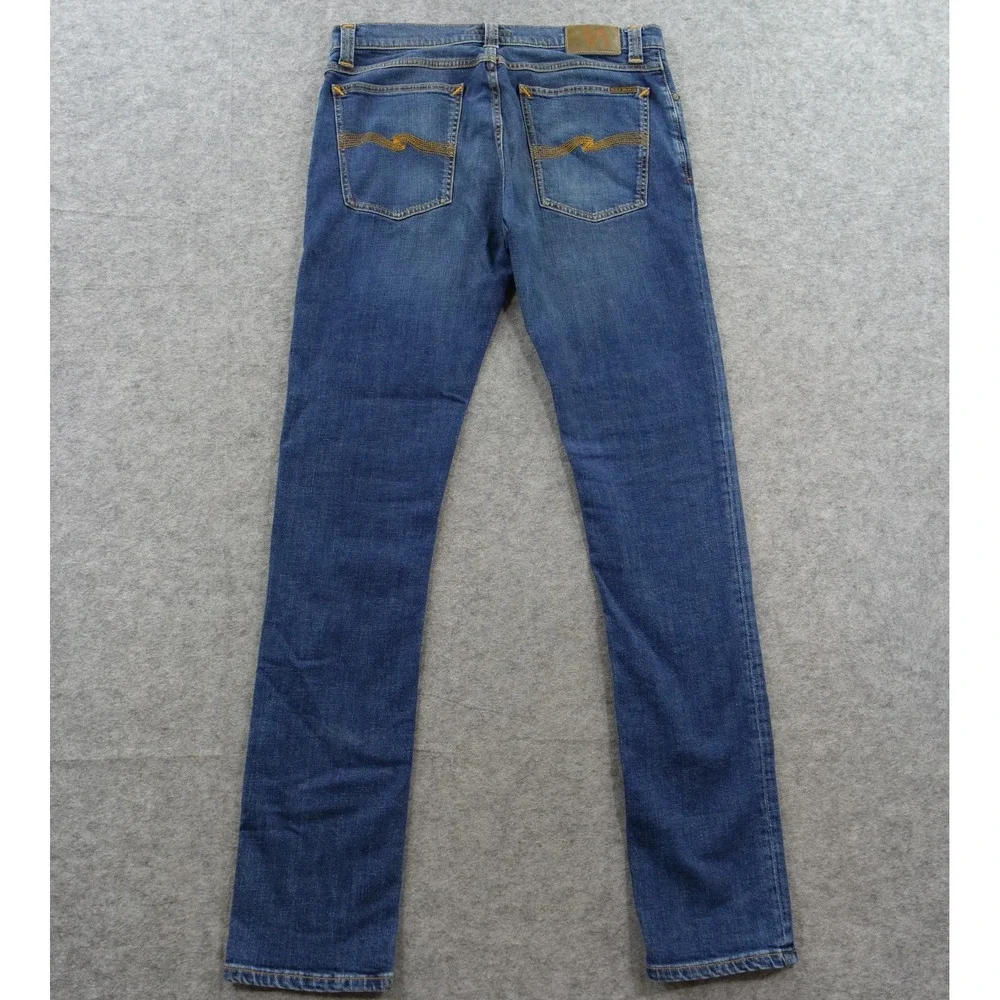 Nudie Jeans Mens 34 Blue High Kai Slim Straight Mid Rise Denim Zip Fly Organic